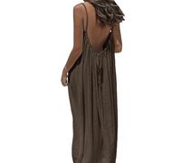 Backless Cami Dress, Spaghetti Strap Solid Color Flowy Lounge House Dress, Casual Beach Vacation Swimsuit Coverup (Coffee,L)