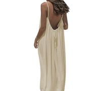 Backless Cami Dress, Spaghetti Strap Solid Color Flowy Lounge House Dress, Casual Beach Vacation Swimsuit Coverup (Light Yellow,L)