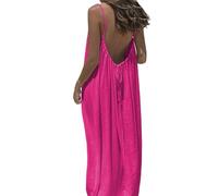 Backless Cami Dress, Spaghetti Strap Solid Color Flowy Lounge House Dress, Casual Beach Vacation Swimsuit Coverup (Rose Red,M)