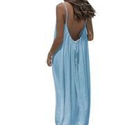 Backless Cami Dress, Spaghetti Strap Solid Color Flowy Lounge House Dress, Casual Beach Vacation Swimsuit Coverup (Sky Blue,XL)