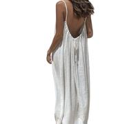 Backless Cami Dresses for Women Summer Casual Sleeveless Maxi House Dress Spaghetti Strap Flowy Long Beach Sundress (White,L)