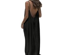 Backless Cami Dresses for Women Summer Casual Sleeveless Maxi House Dress Spaghetti Strap Flowy Long Beach Sundress (Black,3XL)
