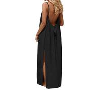 Backless Dresses for Women Casual Halter Neck Cami Lounge Dress Ladies Solid Color Spaghetti Strap Sleeveless Maxi House Dress Womens Beach Milkmaid Dresses Long Sundress with Back Tie