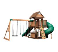 Backyard Discovery Cedar Cove | Casa de Madera con Columpios, Tobogan Doble Pared para escalar y Banco | Columpio de exterior con Tobogan, estructura de Columpio de exterior | Verde, Marron