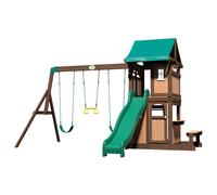Backyard Discovery Lakewood | Cabana de madera con columpios, Tobogan y banco | Resistente a la intemperie | Color verde, marron