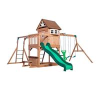 Backyard Discovery Montpelier Torre de juego de madera | Casa de zanco para niños con tobogán, columpio, pared de escalada, mesa de picnic | Casa de juegos XXL / torre de escalada para el jardín