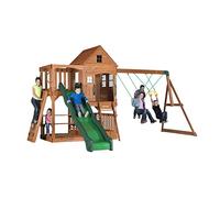 Backyard Discovery Parque Infantil Hillcrest | Zona Infantil para ninos de Madera XXL con Columpio, Tobogan, Muro de Escalada y Mesa de Picnic | Area de Juegos para Jardin