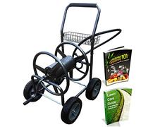 Backyard Expressions Carrete de manguera de metal con ruedas, organizador de manguera resistente, capacidad de manguera de 250 pies, acabado martillado