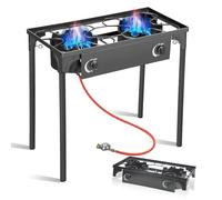 BACOENG Hornillo de Gas con 2 quemadores con patas desmontables, Hornillo Camping Gas Portatil con 1.5M Manguera y Regulador Presión 50 mbar