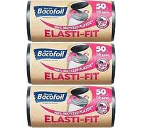 Bacofoil Bolsas de basura Elasti-Fit recicladas de 50 L, 3 rollos (30 bolsas), a prueba de fugas, cierre elástico para un ajuste seguro, hechas de plástico 100% reciclado, eliminación de residuos