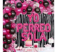 Bad Bunny Party Decoraciones Yo Perro Sola Globo Banner Rosa Caliente y Negro - Kit de Arco de Guirnalda de Globos con Cortina para Graduación Cumpleaños Aniversario Decoración