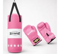 Bad Company Juego de boxeo para niños y adolescentes de hasta 12 años, color rosa, saco de boxeo relleno de 55 x 25 cm y guantes de boxeo para niños de 8 oz, juego de saco de boxeo colgante