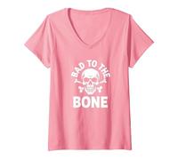 Bad to The Bone Skeleton Rocker Rebel Biker Actitud Camiseta Cuello V, Mujer, Rosado, XL