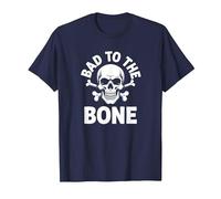 Bad to The Bone Skeleton Rocker Rebel Biker Actitud Camiseta, Hombre, Azul Marino, M