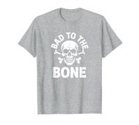 Bad to The Bone Skeleton Rocker Rebel Biker Actitud Camiseta, Hombre, Gris Jaspeado, L