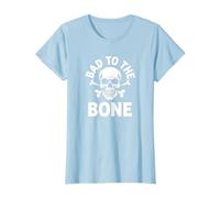 Bad to The Bone Skeleton Rocker Rebel Biker Actitud Camiseta, Mujer, Azul Bebé, L
