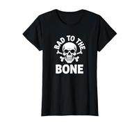 Bad to The Bone Skeleton Rocker Rebel Biker Actitud Camiseta, Mujer, Negro, M
