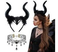 badaren Diadema Cuerno de Diablo, 2 PCS Cuernos Malefica, Sombrero Cuerno con Collar Encaje Gótico, Diadema Malefica, Diadema Diablo Negro para Halloween, Cosplay Malefica, Carnaval,Fiestas Temáticas