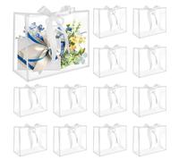 BadenBach 16 bolsas de regalo transparentes con asas, 12 x 10 x 5 pulgadas, bolsas de plástico transparente reutilizables con cinta, bolsas de plástico transparente para regalo de novia, boda