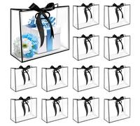 BadenBach 16 bolsas de regalo transparentes con asas, 12 x 10 x 5 pulgadas, bolsas de plástico transparente reutilizables con cinta, bolsas de plástico transparente para regalo de novia, boda