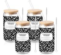 Baderke Juego de 4 vasos de vidrio de 16 onzas con tapas y popotes, tazas de café a granel de fin de año, regalos de agradecimiento para mujeres (cuaderno de composición, negro)