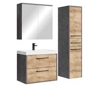 Badplaats Etna - Juego completo de muebles de baño con lavabo, armario con espejo y armario alto, 60 x 35 cm, color gris oscuro con roble castaño