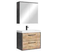 Badplaats Florence - Juego completo de muebles de baño (60 x 35 cm), color gris oscuro con roble, mueble de baño con lavabo y armario con espejo