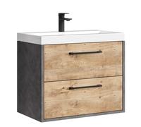 Badplaats Florence - Juego de muebles de baño con lavabo y armario bajo, 60 x 35 cm, color gris oscuro con roble castaño, armario bajo lavabo con cierre suave y lavabo