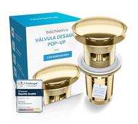 Bächlein Desagüe Universal con Rebosadero para Lavabo & Lavamanos - Válvula Pop Up Automática Dorada - Incl. 3 Juntas para Todo Tipo de Lavabos, Válvula de Desagüe - Instalación con Instrucciones