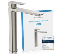 Bächlein Grifo de baño Mizarela alto en diseño clásico, monomando para lavabo con cartucho de cerámica duradero y kit de montaje, grifo de baño de acero inoxidable cepillado - caño plano