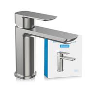 Bächlein Grifo de baño Mizarela en diseño clásico, monomando con cartucho cerámico duradero y kit de montaje, grifo de baño de acero inoxidable cepillado - caño plano