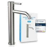 Bächlein Grifo de baño Susara alto con caño curvado, diseño extraalto monomando para lavabo superior con cartucho de cerámica duradero y kit de montaje, grifo de baño de acero inoxidable cepillado