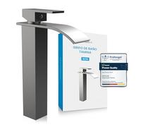 Bächlein Grifo de baño Tamina alto, diseño en cascada, mezclador monomando extra alto, con juego de montaje para lavabo, grifo de baño, en acero inoxidable cepillado