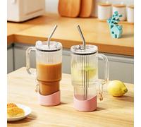 Baffect Paquete de 2 tazas de café helado, vasos de vidrio acanalado con tapa y popotes de acero inoxidable, taza de café de vidrio con funda de silicona rosa y abalorio, taza de café para café con