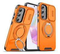 BAFUGU Coque pour Samsung Galaxy S25 FE, Compatible Avec MagSafe [Protection d'appareil Photo Slide Camera] [Rotation de 360 Support Invisible] Étui Antidérapant & Antichoc-Orange