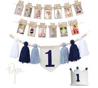 Bafutayawa 1. cumpleaños decoración niño Azul Set Silla Alta Guirnalda 1 año con Corona Banner de Fotos 1-12 Meses Colgante de Fotos Topper para Pastel decoración de cumpleaños Infantil Primer