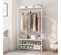 Bagewniner Percheros Burro, Multifuncional Perchero Blanco Moderno, Armario Abierto de Metal,Colgador Ropa con 3 Estantes Zapatero y Barra Colgante,Perchero de Pie para Entrada Pasillo Salón