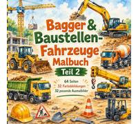 Bagger & Baustellen-Fahrzeuge Malbuch Teil 2: 32 wunderschöne Aquarellbilder und 32 passende Ausmalbilder für kleine Baustellenfans