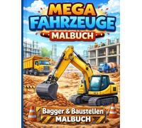 Bagger & Baustellen Malbuch: 24 starke Baustellenfahrzeuge zum Ausmalen für Kinder | Bagger, Kräne, LKW und Baumaschinen (Mega Fahrzeuge Malbuch)
