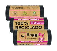 Baggifly, Bolsas de Basura 50L, 60 Bolsas Súper Resistentes, 100% Recicladas, Cierra Fácil, ECO Friendly, Hogar, Oficinas y Hostelería, Pack 3 x 20, Fabricado en España