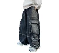 Baggy Jeans Chico Pantalones Cargo de Denim Suelto con Cintura Elástica Adolescente Chico Pantalones Largos con Bolsillos Casual Retro Y2k Streetwear Deporte Primavera Otoño
