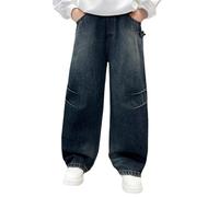 Baggy Jeans Chico Pantalones de Denim Ocio Cintura Elástica Chico Jean Bootcut Pantalones largos con Bolsillos Casual Vintage Hip Hop Streetwear Deporte Primavera Otoño, azul, 15-16 ans