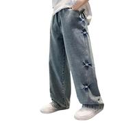 Baggy Jeans for Boys Straight Wide Leg Denim Trousers Kids Loose Elastic Waist Washed Denim Pants with Pockets Comfy Children Casual School Trousers Vintage Y2K Streetwear