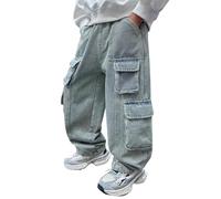 Baggy Jeans for Boys Wide Leg Cargo Denim Trousers with Multi Pockets Kids Elasticated Waist Distressed Straight Leg Denim Pants Trendy Vintage Casual Trousers Y2K Hip Hop Streetwear