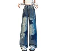 Baggy Jeans for Girls Cute Star Patched Denim Pants Kids High Elastic Waisted Ripped Washed Wide Leg Denim Trousers Teen Girls Loose Fit Casual Jeans Y2K Boyfriend Streetwear