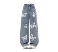 Baggy Jeans Girls Straight Wide Leg Denim Trousers Fashion Kids Butterfly Print Elastic High Waist School Pants with Pockets Teenagers Wash Distressed Jeans Summer Cargo Joggers