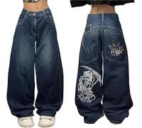 Baggy Jeans Women Men Hip Hop Goth Street Y2k Jeans with Skeleton Print Vintage High Waist Denim Wide Leg Pants Street Wear(Color-4,X-Large)
