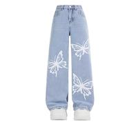 Baggy Wide Leg Jeans for Girls Butterfly Patchwork Elastic Waistband Y2k Vintage Denim Pants Kids Loose Fit Casual Ripped School Trouser Fashion Straight Hip Hop Streetwear