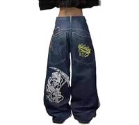 Baggy Y2K Jeans Mujer Hip Hop Goth Streetwear con estampado vintage de cintura alta pantalones vaqueros de gran tamaño con botones y bolsillo de pierna ancha pantalones vaqueros pantalones cargo, Bu2