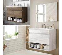 Bagno Italia Mueble de baño de 80 cm suspendido color roble blanqueado con lavabo y espejo decoración moderna muebles